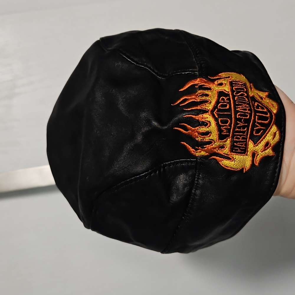 Vintage Harley Davidson Black Leather Embroidered Skull Cap Hat Doo Rag